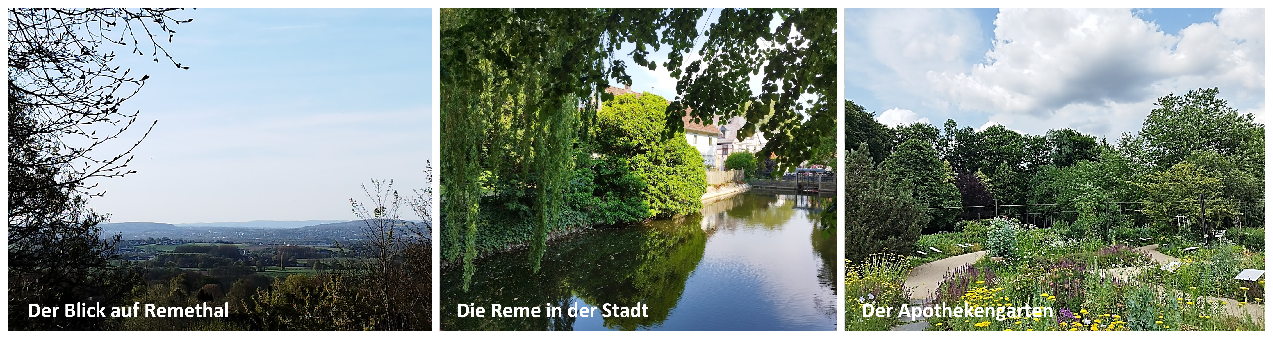 Drei Fotos: Der Blick auf Remethal, die Reme in der Stadt, der Apthekengarten