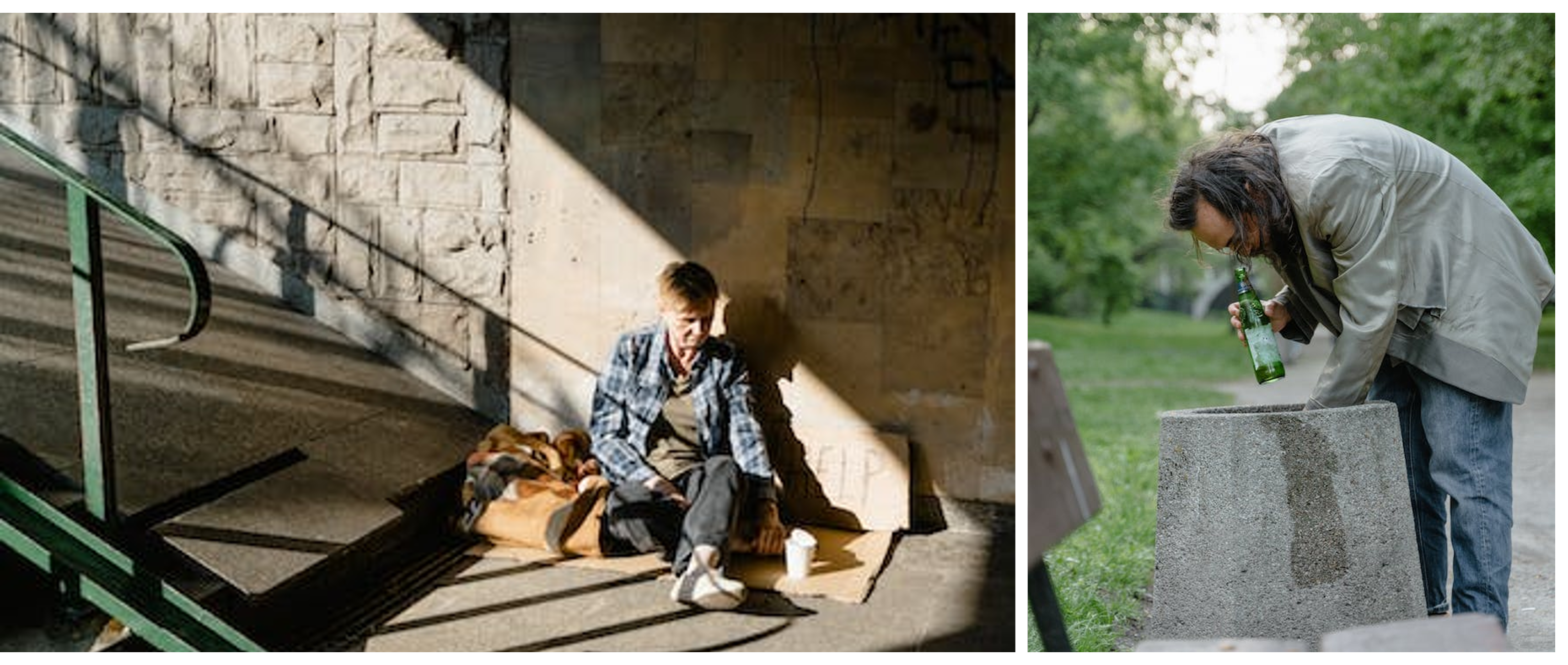 eine obdachlose Frau in einem Tunnel und ein Mann auf der Suche nach Essen in einem Müllbehälter