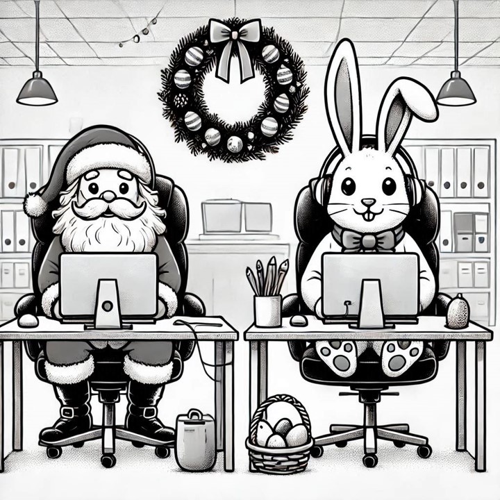 Der Weihnachtsmann und der Osterhase sitzen in einem Büro und arbeiten