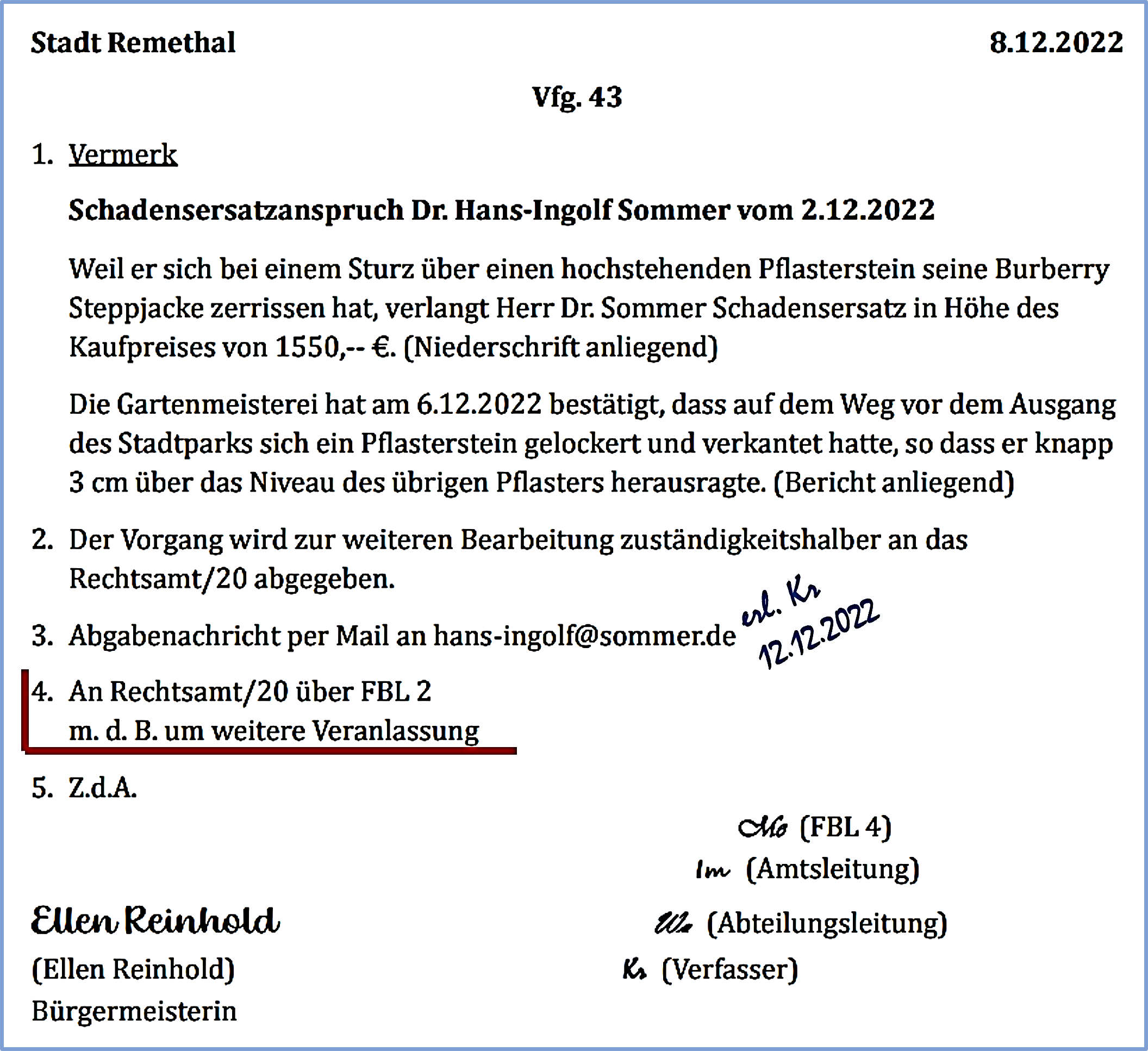 Abgabeverfügung an das Rechtsamt im Wortlaut