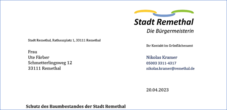 Kopfbogen der Stadt Remethal mit Logo, Kontakt, Anschrift, Betreff